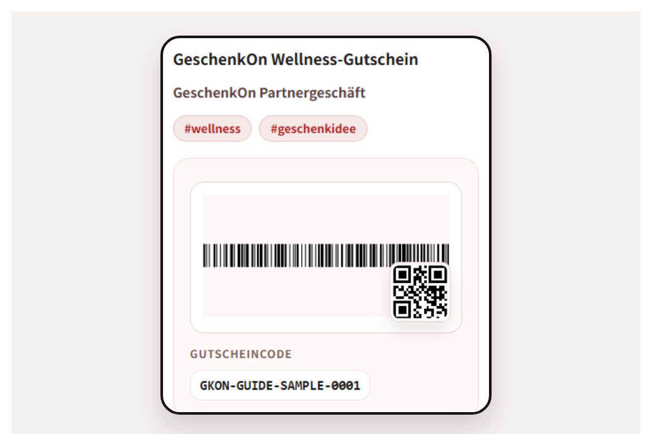 Eine Smartphone-Ansicht zeigt die aktuelle Geschenkbox-Struktur mit Produkt, Verkäufer, CODE128-Barcode, QR-Code, maskiertem Code, Gültigkeit und Gutscheintyp.